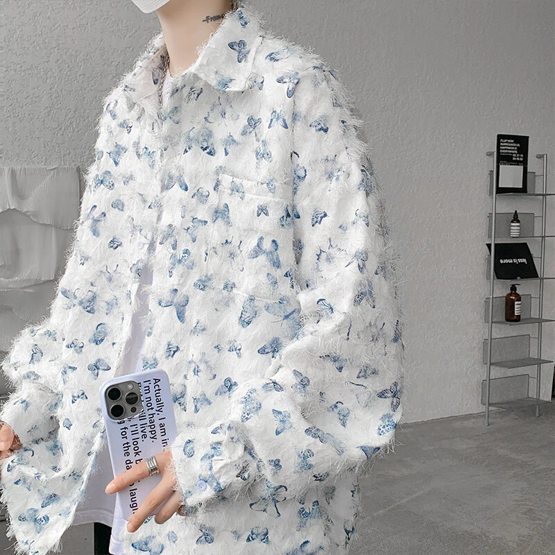 CJZ轻奢新款长袖重工艺流苏蝴蝶情侣花衬衫男百搭休闲港风时尚