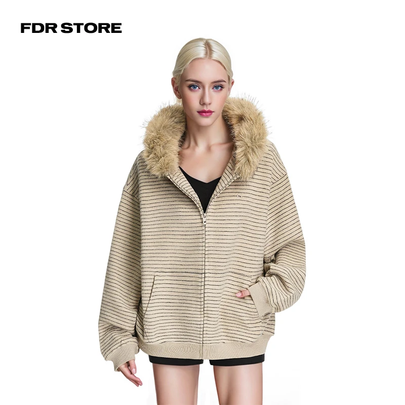 FDR RST 林秋楠同款秋季上衣男chic长袖毛领条纹连帽卫衣外套女