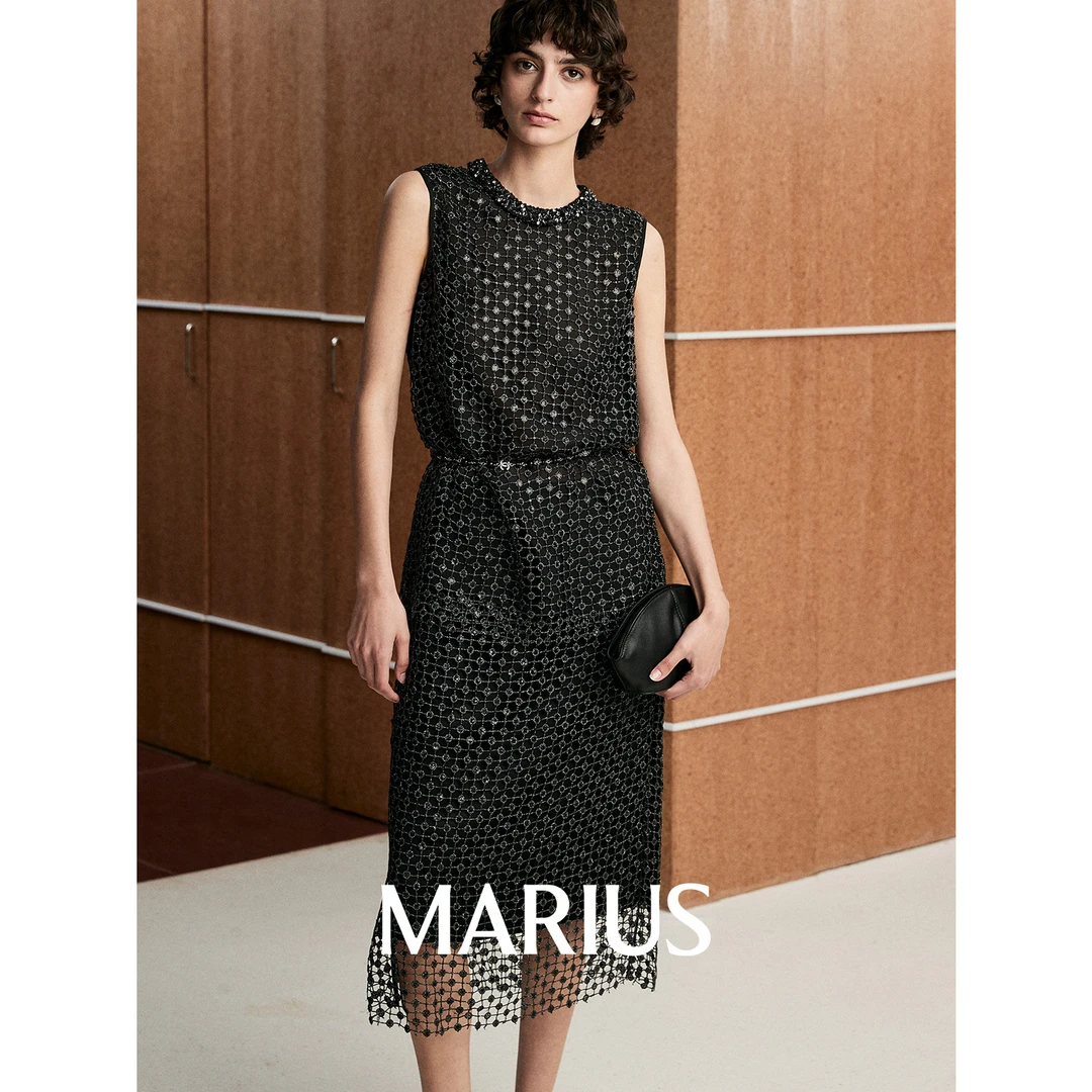 MARIUS“夜米兰”镂空渔网小香风织带背心长短半裙套装