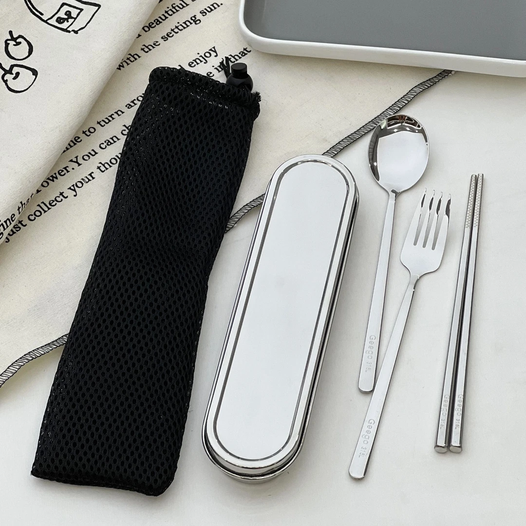 【勺叉筷五件套】316钢便携餐具 外出携带勺叉筷带收纳盒亮光款