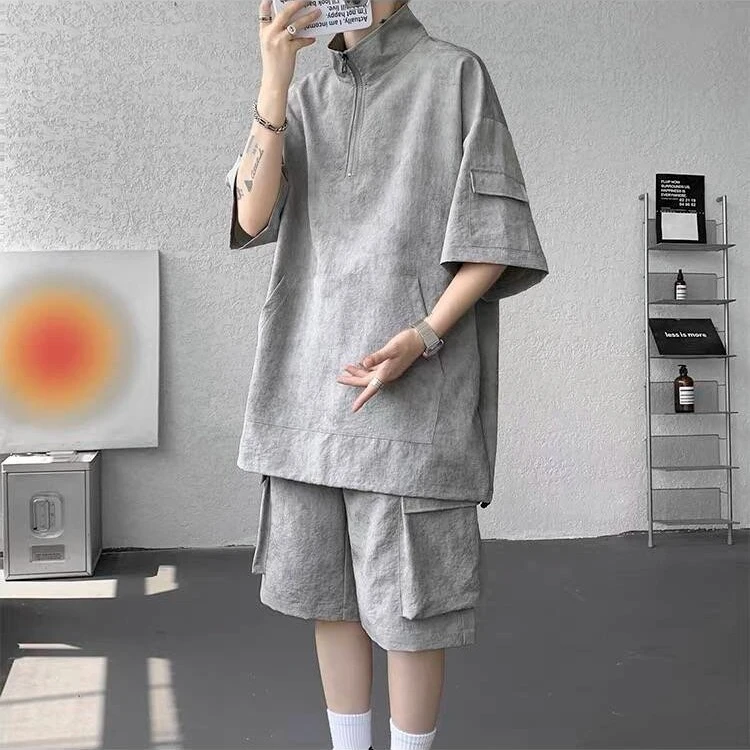 美式工装套装男夏季宽松休闲穿搭一整套短袖2025新款冰丝运动短裤