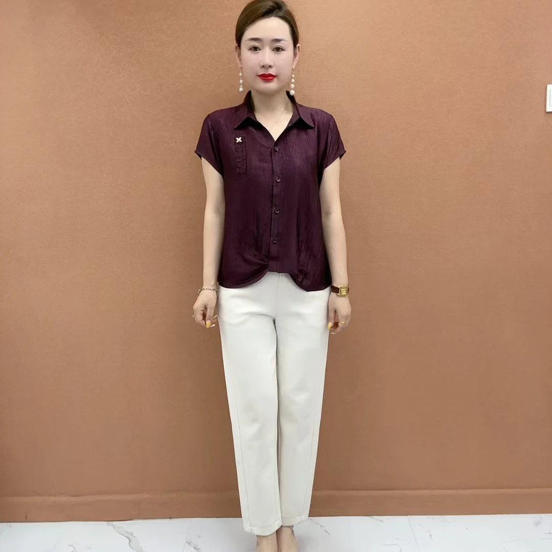 2025夏季新款珠光醋酸不透肉衬衫领蝴蝶收腰薄款舒适短袖女衬衣