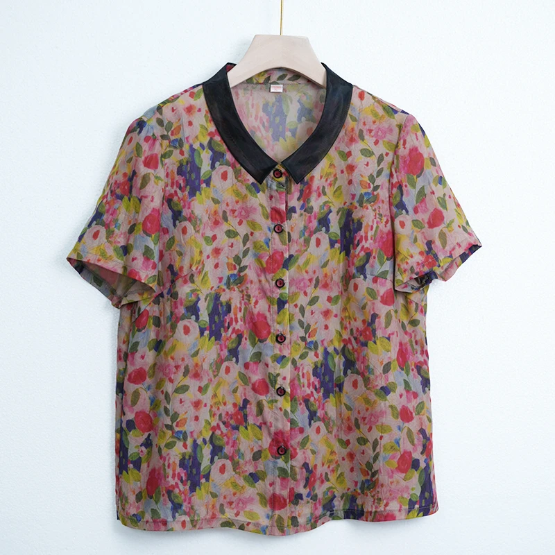 中老年妈妈装奶奶装夏季冰丝凉爽碎花休闲舒适宽松黑领短袖