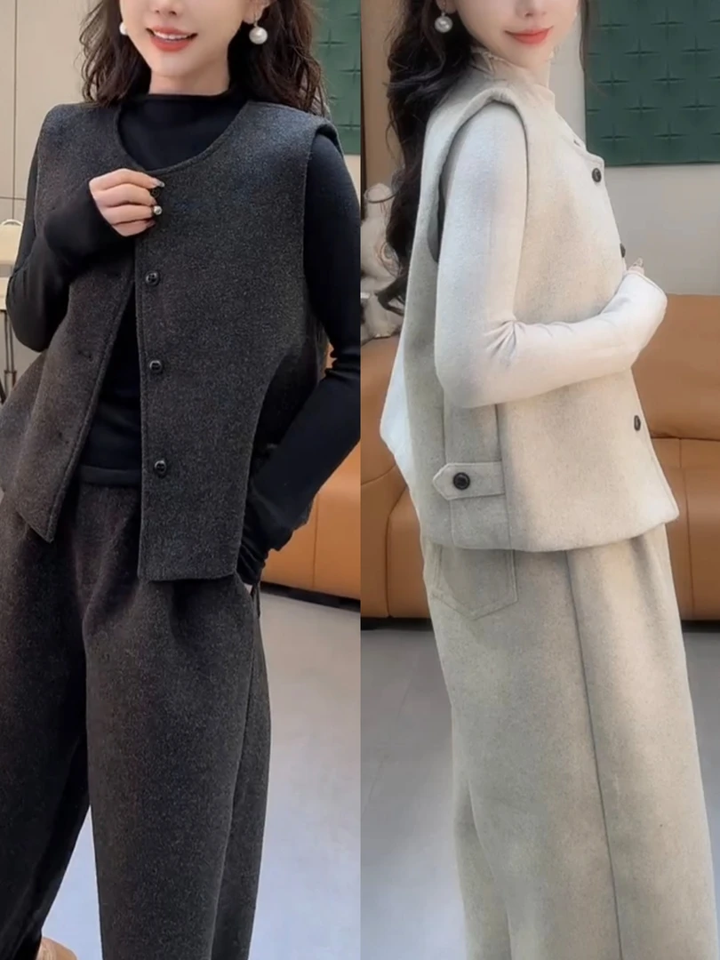 新款毛呢时尚套装圆领马甲半高领小衫裤子休闲气质显瘦三件套穿搭