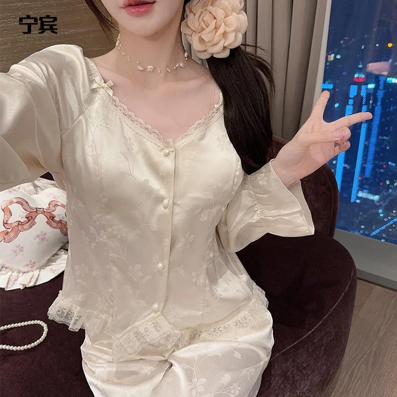 维多利亚爆款睡衣女春秋款冰丝带胸垫新中式国风可外穿家居服套装