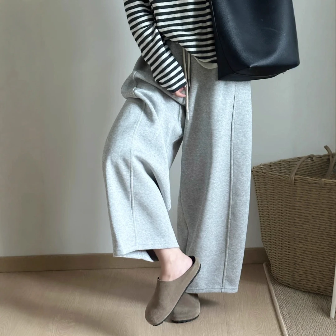 灰色阔腿弯刀运动卫裤女加绒小个子大码休闲裤今年流行九分梧桐裤