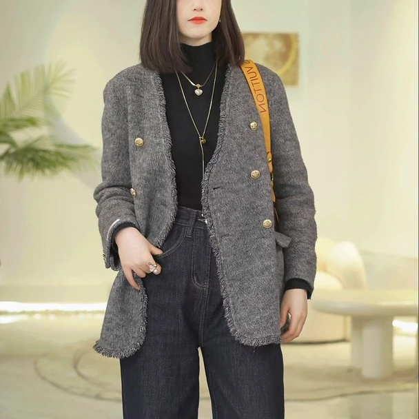 小香风双面呢大衣女中长款V领毛呢外套秋冬2025春秋气质女款