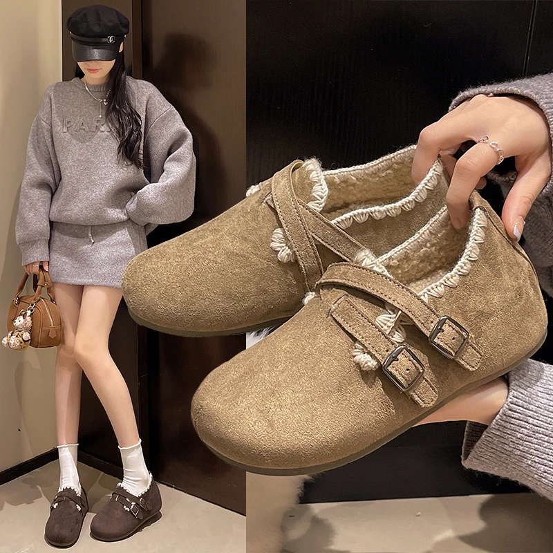 复古厚底内增高花边乐福鞋2025新款秋冬加绒一脚蹬森系勃肯鞋