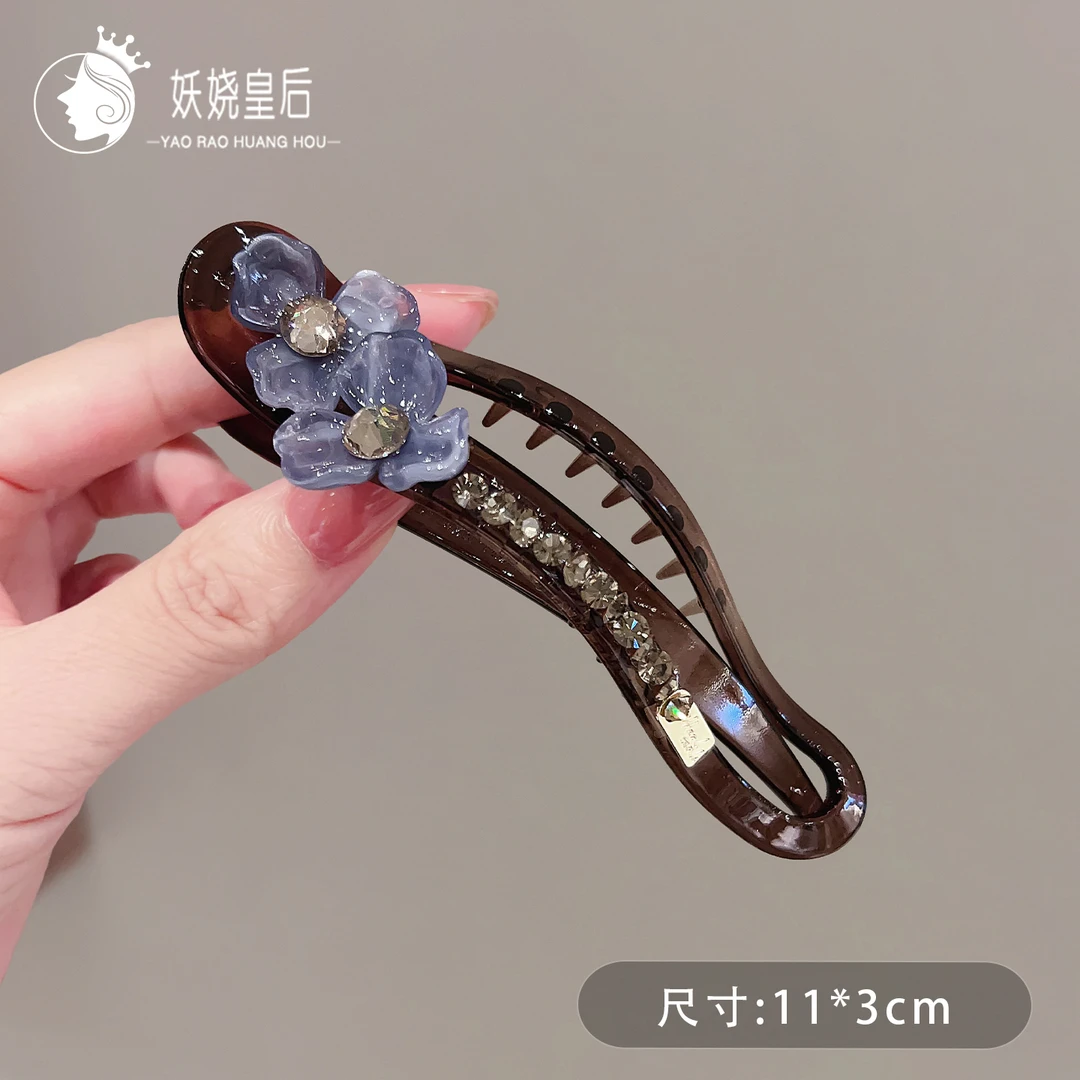 复古醋酸花朵懒人一字夹高级感花朵珍珠抓夹后脑勺盘发夹气质发饰