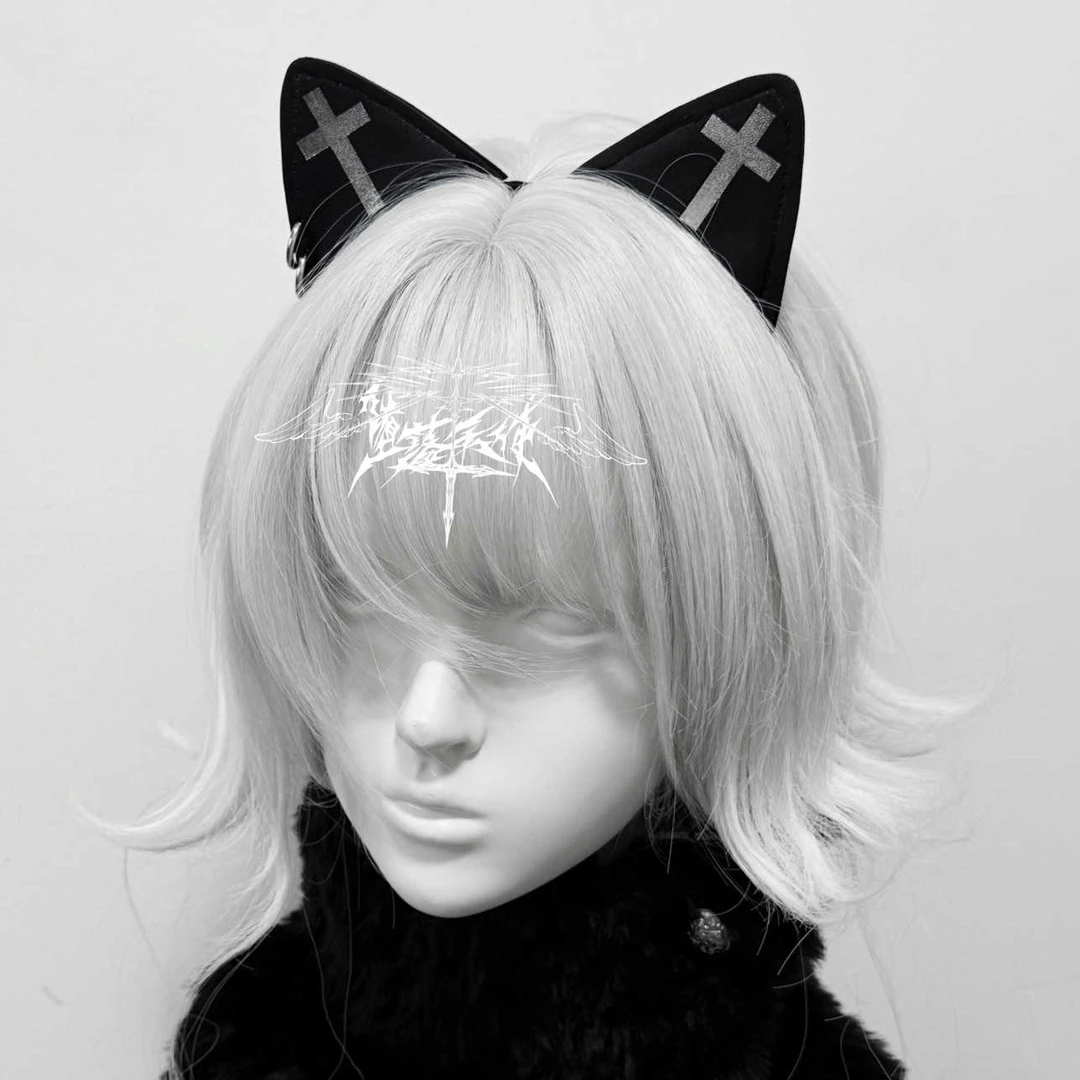 堕落天使|原创亚文化朋克暗黑可爱双面猫耳十字架条纹发饰发箍