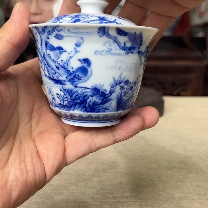 瓷盖碗青花花鸟盖碗