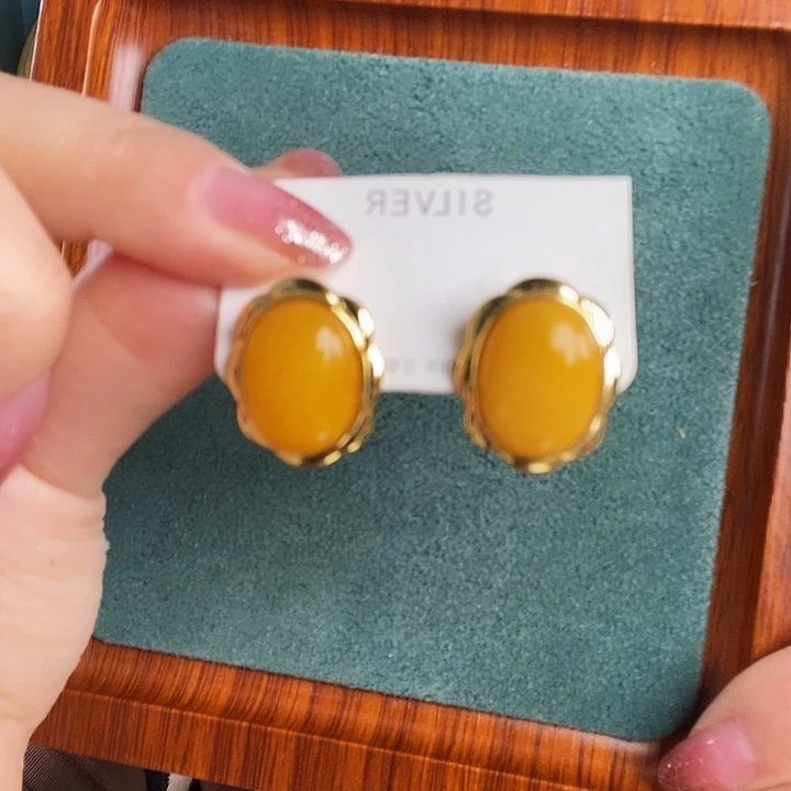 蜜蜡银S925镶嵌耳饰耳钉