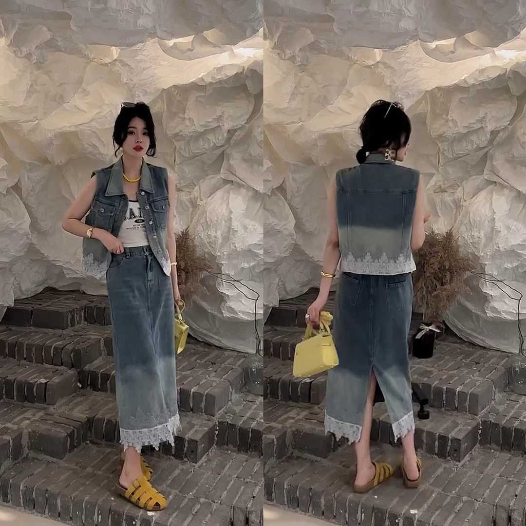 8317时尚V领牛仔裙套装 夏季复古百搭无袖休闲拼接蕾丝两件套