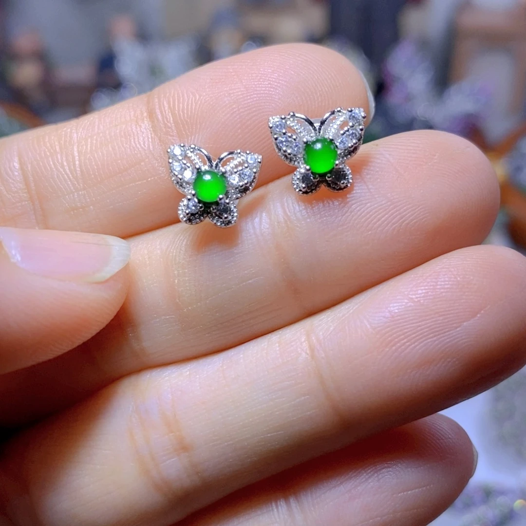 翡翠耳钉银S925镶嵌天然翡翠