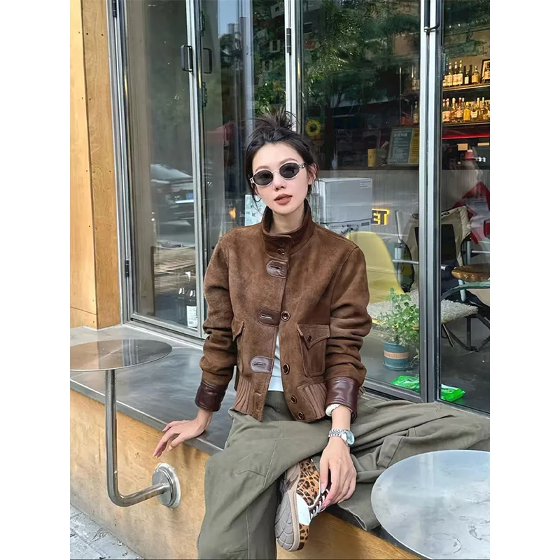 美拉德棕色立领短款夹克女2025秋季新款高级感复古拼皮机车服外套