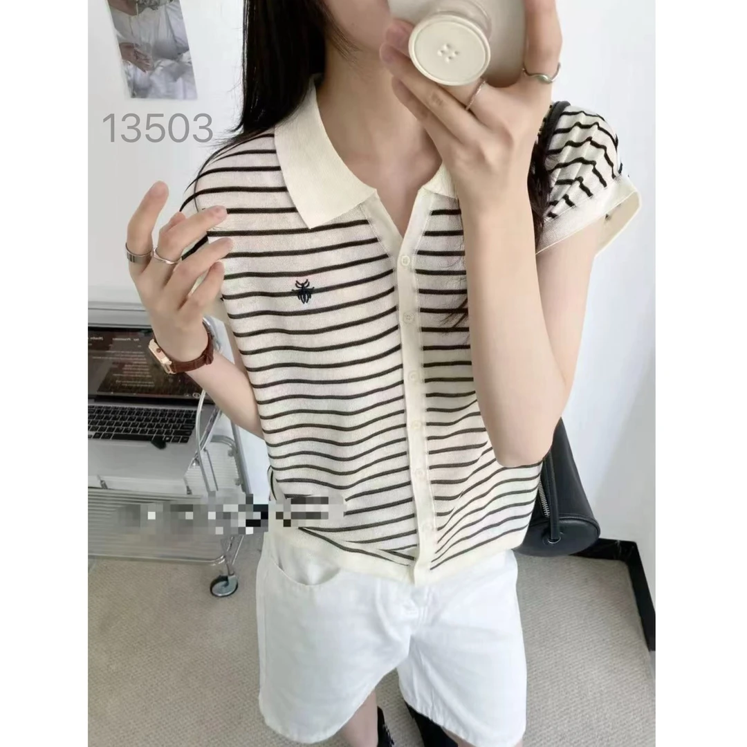 13503（部分无水洗唛，介意慎拍）WANGDAN蜘蛛刺绣翻领条纹短袖开衫