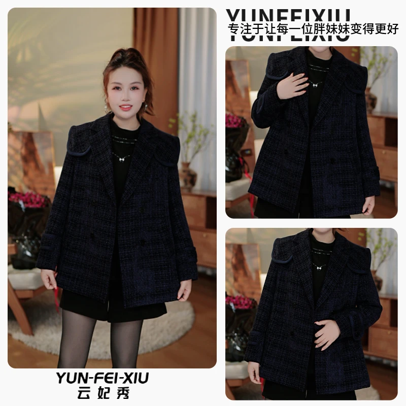 云妃秀大码女装毛呢外套西装领夹棉过肩宽松显瘦胖妹妹冬季62101
