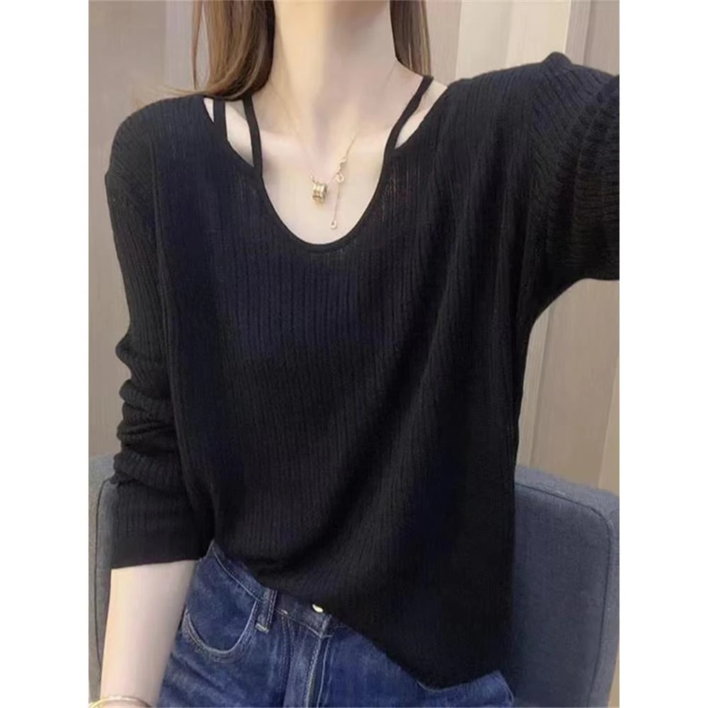 设计感小众露肩锁骨针织衫女春秋宽松慵懒风内搭内搭t恤洋派上衣