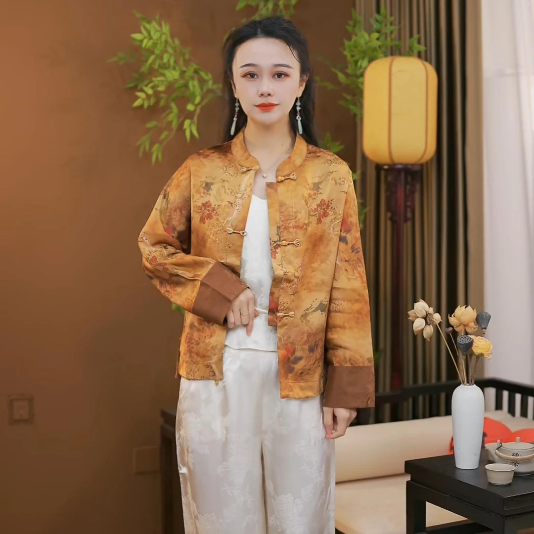 春季新款新中式桑蚕丝高端时尚外套休闲减龄长袖女外套F089