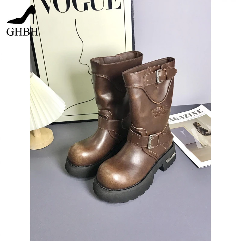 厚底马丁靴女英伦风2025秋季新款中筒单靴粗跟大头骑士黑色女靴子