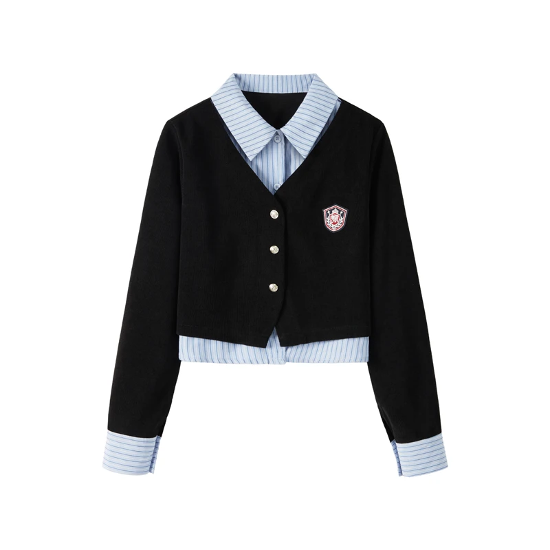 有腰带【宝藏衣橱】秋装搭配一整套假两件上衣女半身裙三件套装1798