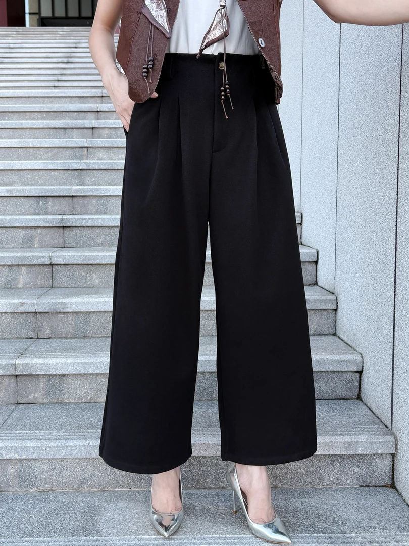 毛呢阔腿裤女秋冬季2025年新款高级感小众休闲宽松高腰九分直筒裤