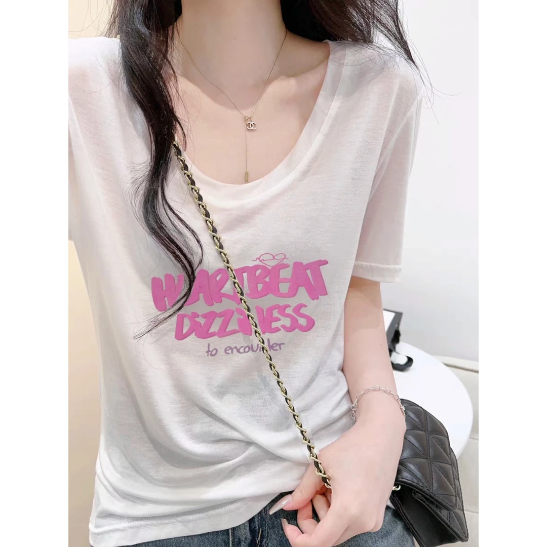 韩国短袖t恤女夏季字母印染ins半袖冰丝竹节棉体恤薄款宽松上衣