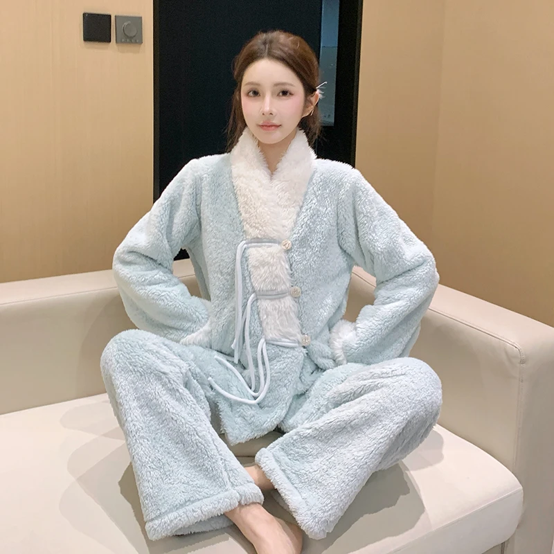 珊瑚绒睡衣女款秋冬加绒加厚保暖套装2025新款新中式甜美风家居服