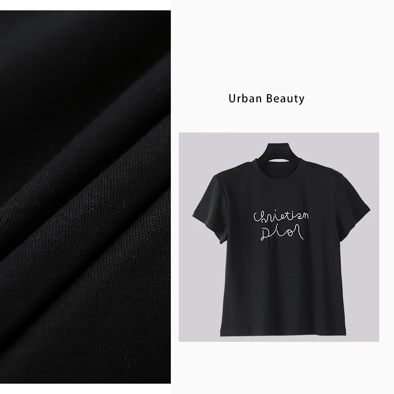 时尚休闲夏季显瘦纯棉百搭t恤女士黑色修身设计师圆领打底DF2287