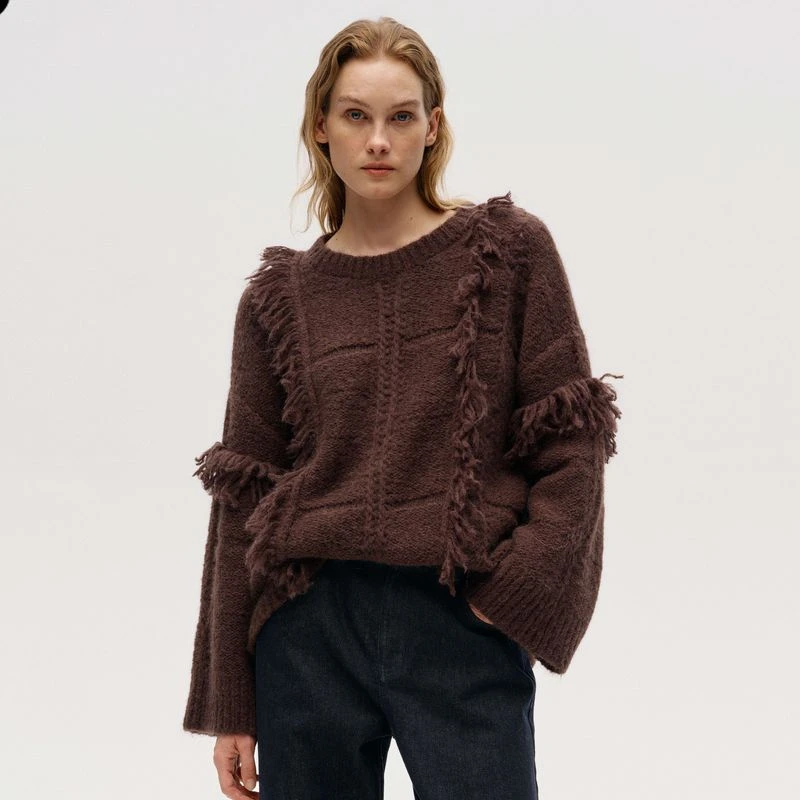 ICEDUST 流苏格子套头毛衣女25FW秋冬新款百搭圆领慵懒上衣IINC