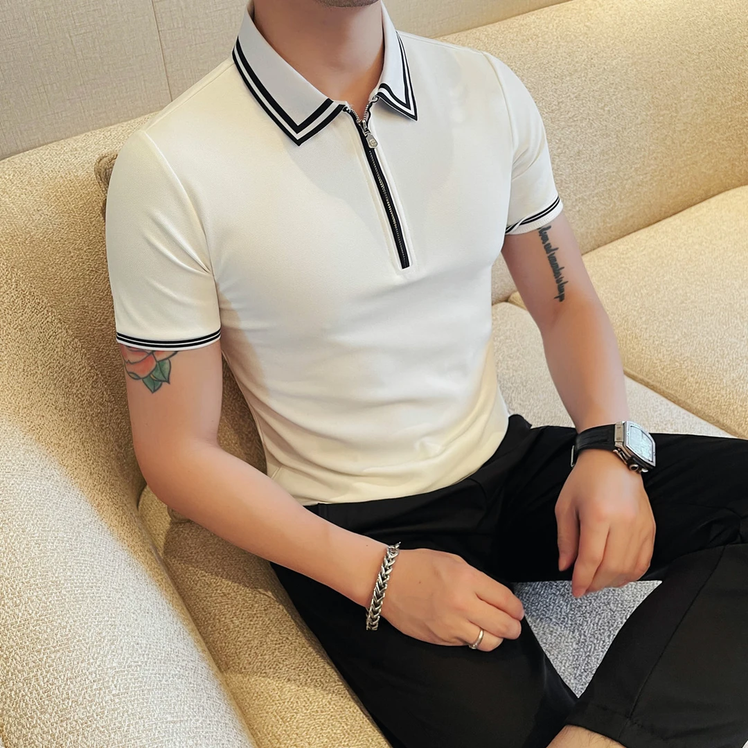 男士时尚轻熟短袖polo衫春秋季半拉连撞色翻领半截袖T恤保罗上衣