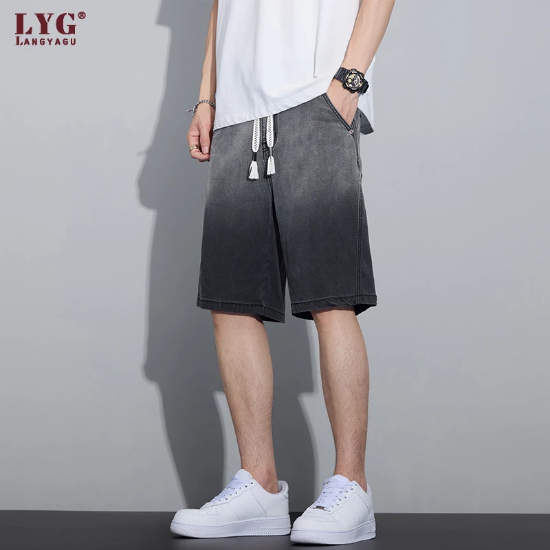 2025夏季薄款莱赛尔渐变牛仔短裤男士宽松直筒凉感百搭运动五分裤