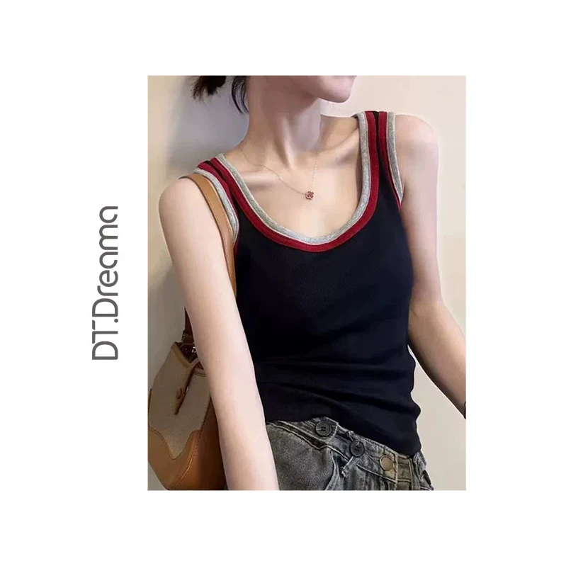 休闲撞色拼接复古无袖吊带背心女秋季内搭打底外穿上衣