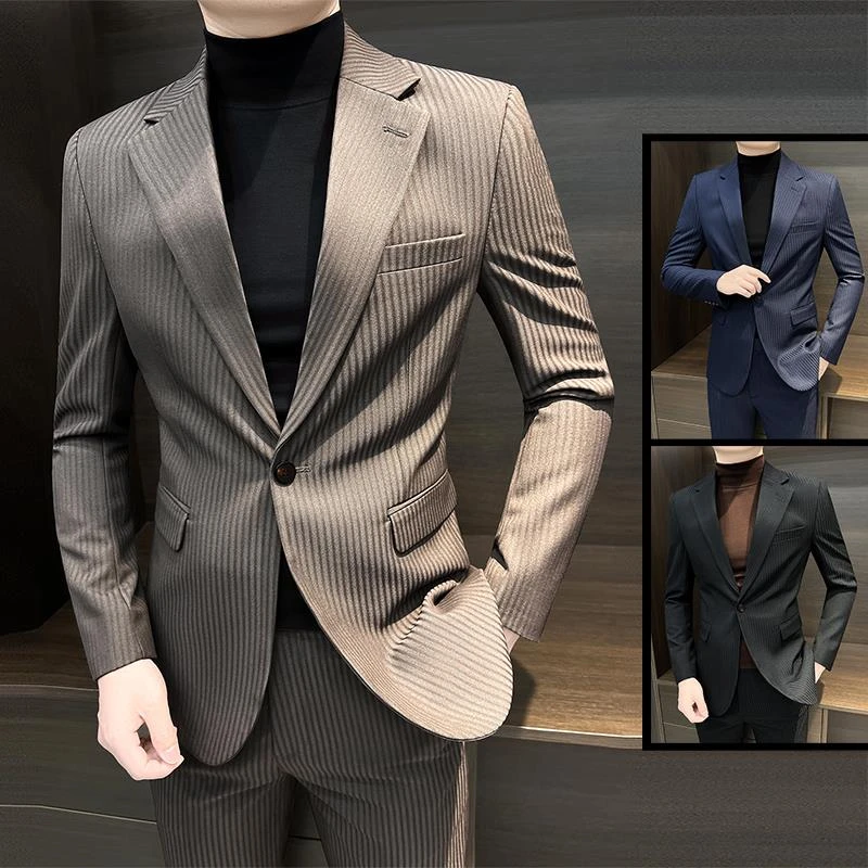 条纹男士西装套装2025新款高级感痞帅结婚新郎婚礼修身小西服外套