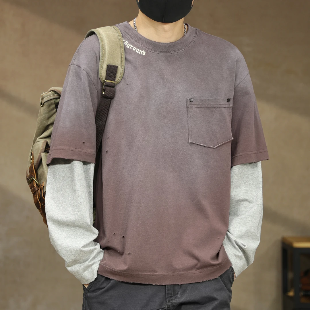 美式潮牌复古长袖T恤男士春秋新款痞帅慵懒松弛宽松破洞内搭衣服