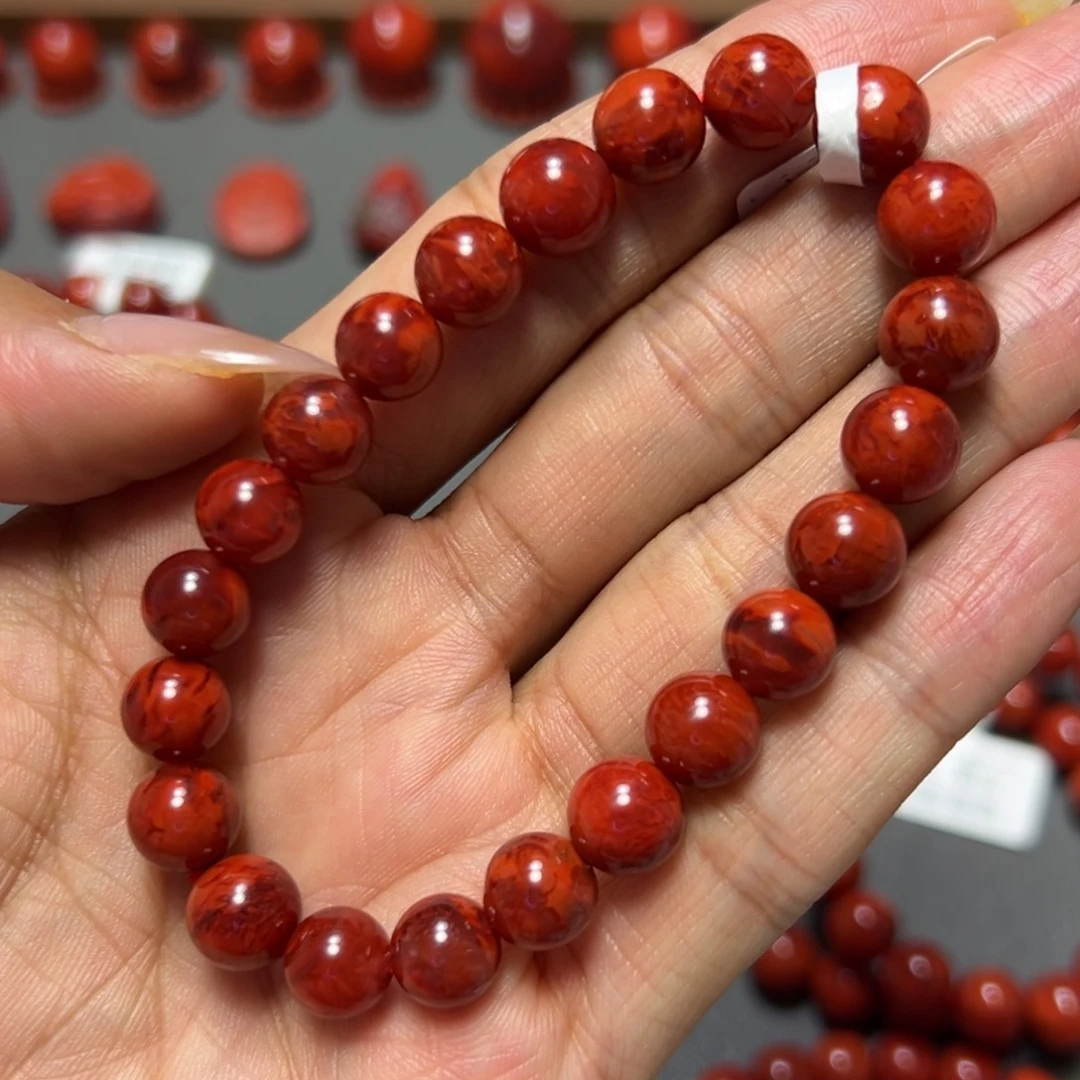 南红玛瑙未镶嵌手串 牛血红妖火焰 约8.6mm 满妖
