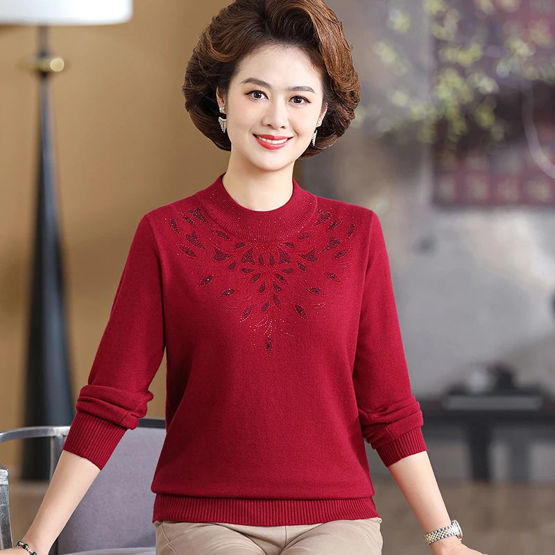 中老年秋冬妈妈装羊毛混纺针织衫宽松女装套头打底衫毛衣大码宽松