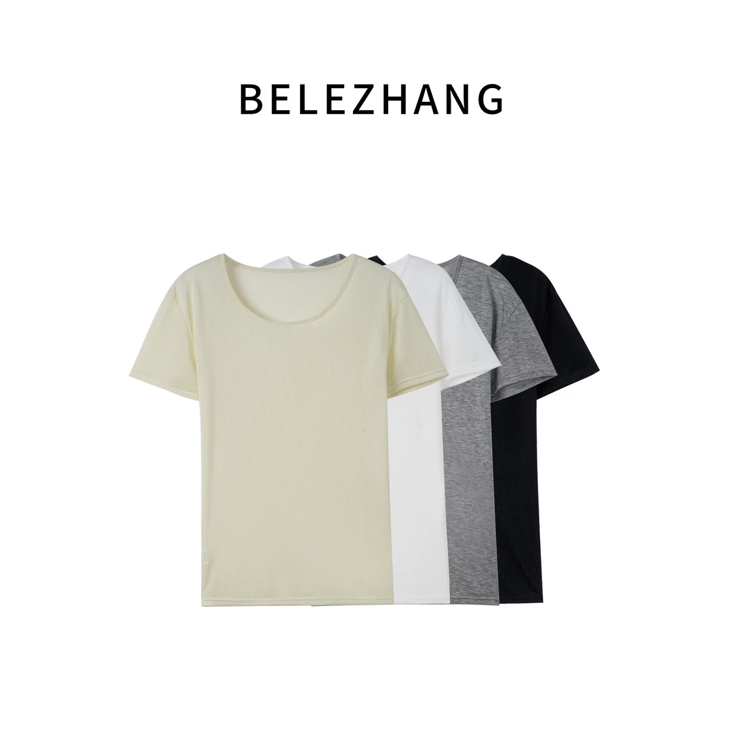 BELE ZHANG 慵懒风清凉天丝白色v领短袖T-3883