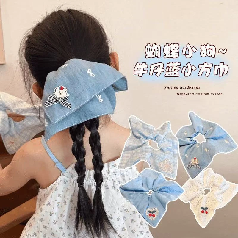 儿童刺绣方巾大肠发圈女童扎头发低马尾头绳小女孩洋气发饰1501