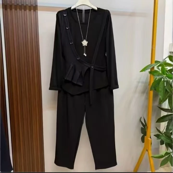 轻奢大码推荐欧洲站秋季新款时尚时尚洋气假两件显瘦上衣裤子套装