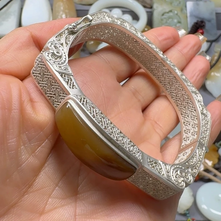 和田玉手镯银S925镶嵌
