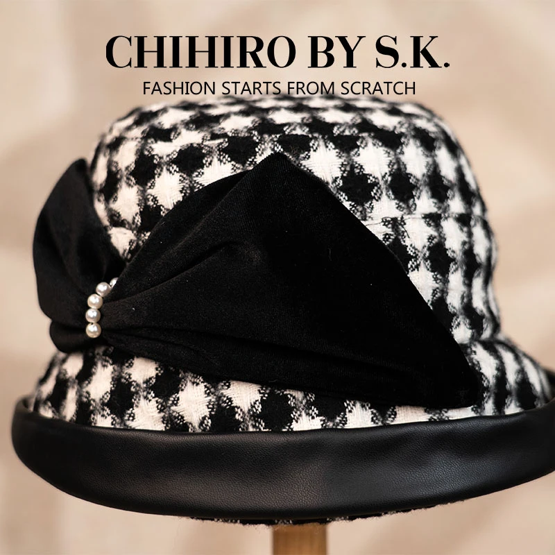 CHIHIRO BY S.K./新帽馆蝴蝶结拼接渔夫帽复古百搭格纹