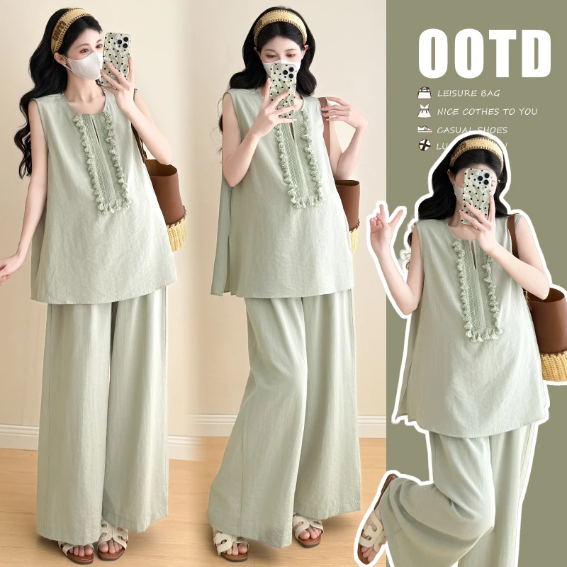 时髦孕妇套装夏季2025新款韩版宽松背心薄款上衣阔腿裤孕期两件套