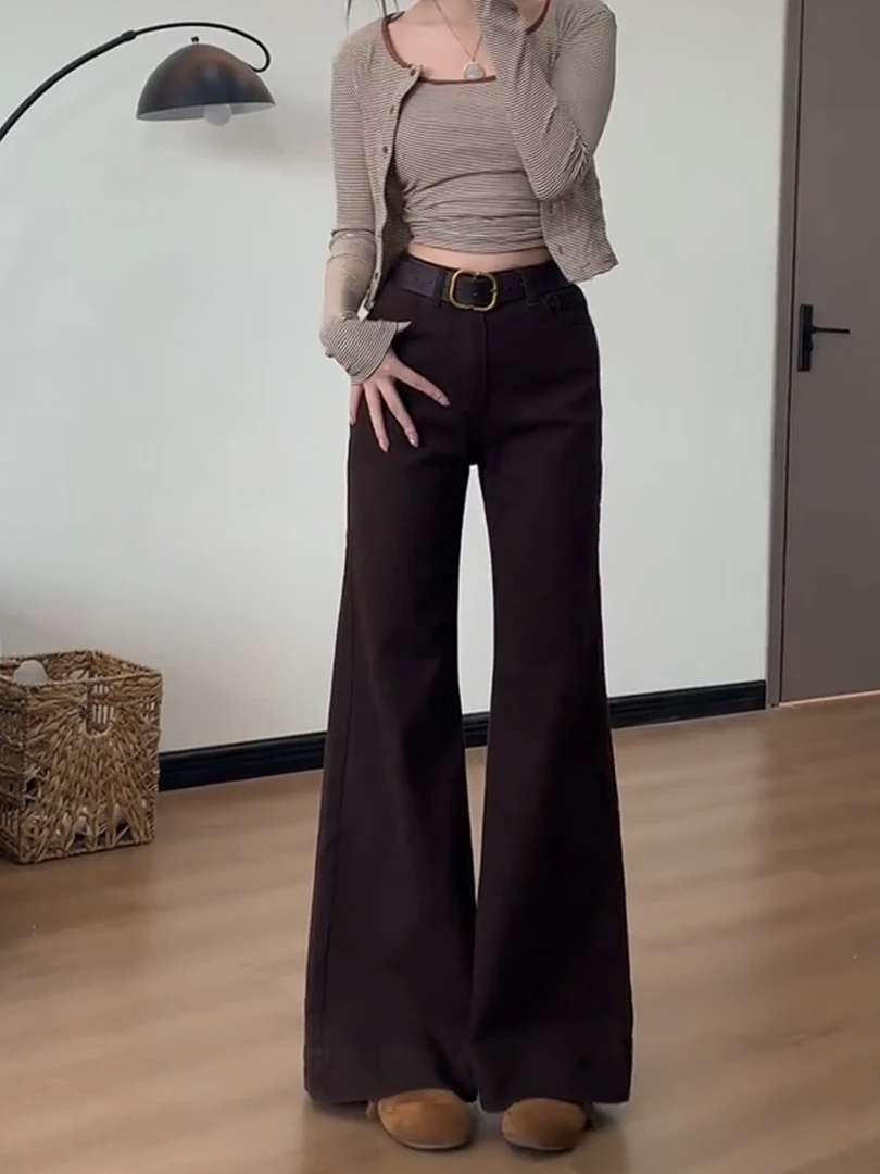 咖色复古窄版微喇牛仔裤女2025秋冬新款小个子高腰垂感直筒喇叭裤