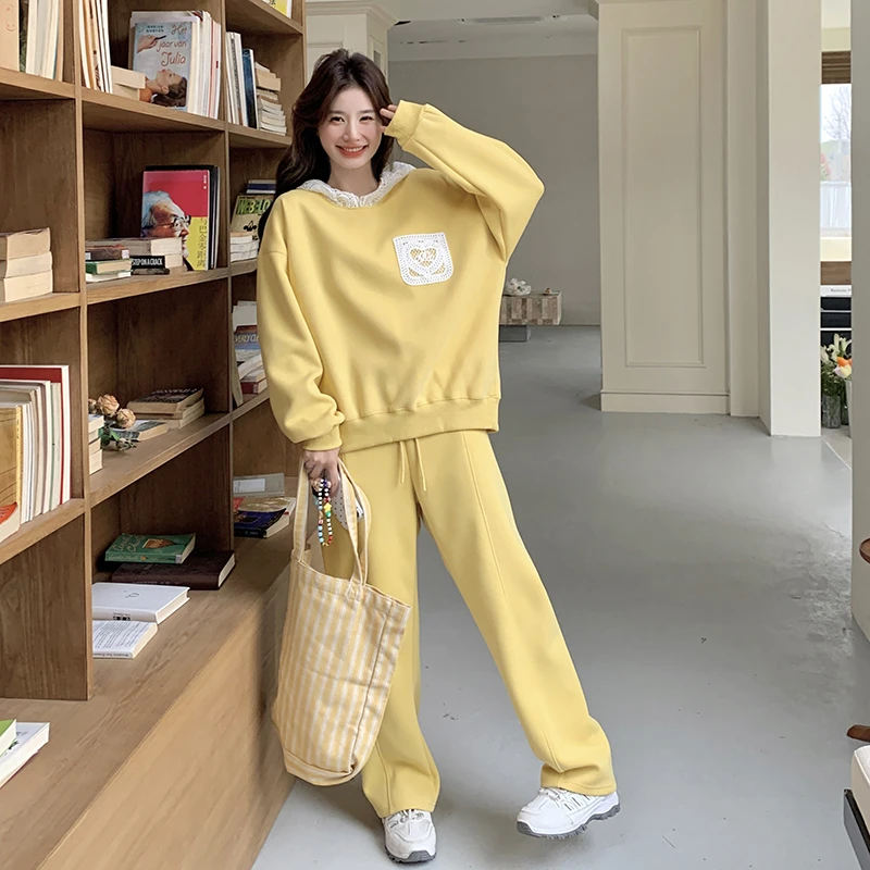 黄色韩版甜美减龄蕾丝连帽卫衣套装女2025年春季新款休闲裤两件套