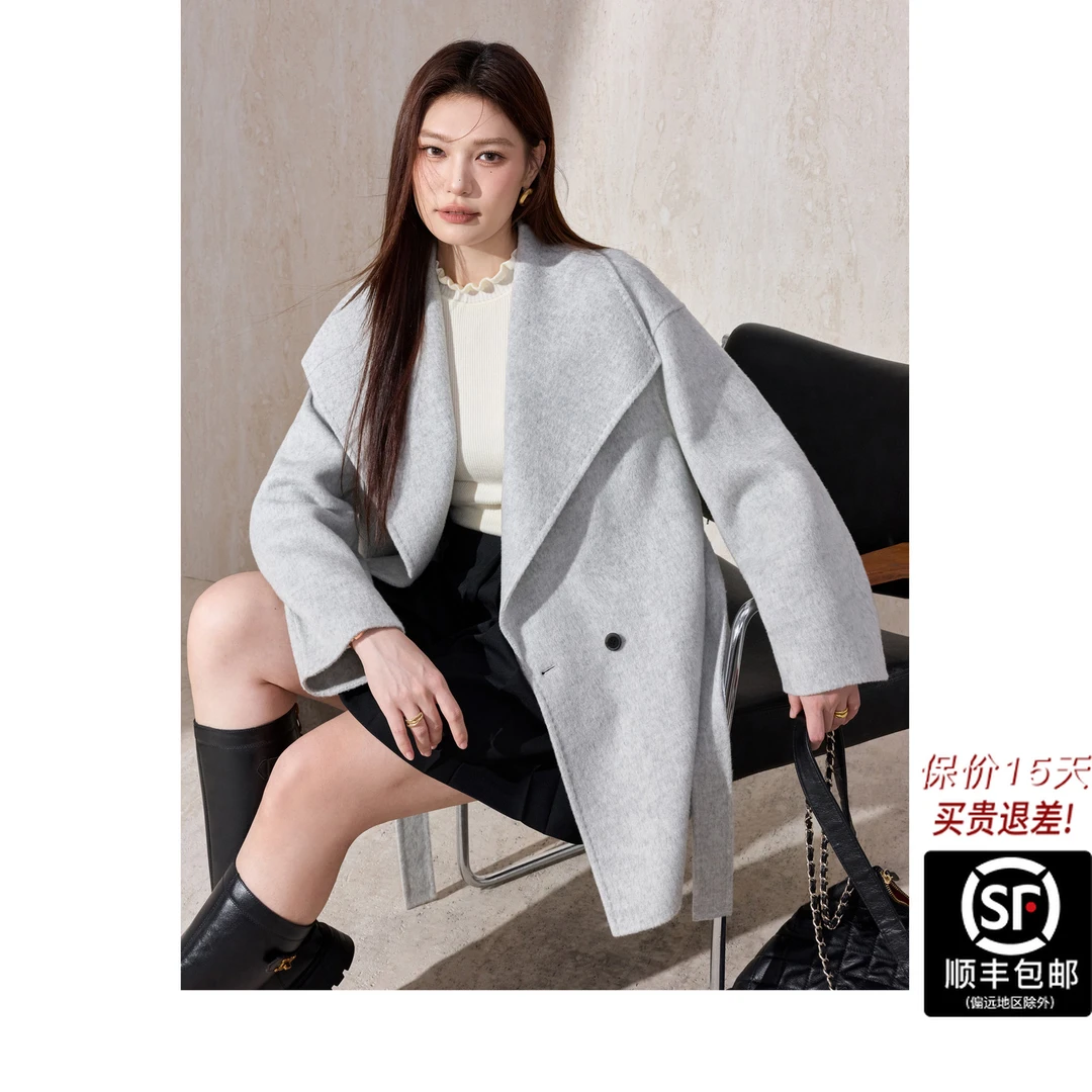 蓝语大码大翻领绵羊毛大衣女2025冬新款系带纯色中长款双面呢外套