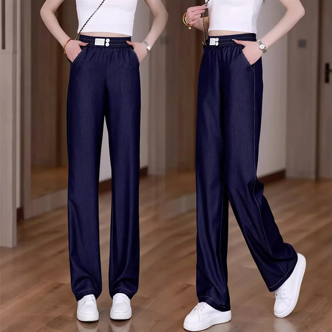 2025春夏新款防褪色丹宁蓝高腰显瘦宽松休闲窄版直筒阔腿牛仔裤女