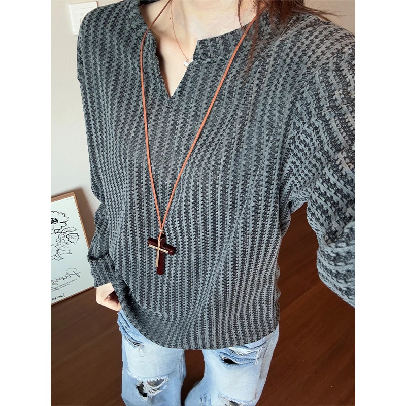 V领复古编织提花雪尼尔小香风卫衣男春季无帽内搭打底潮牌长袖T恤