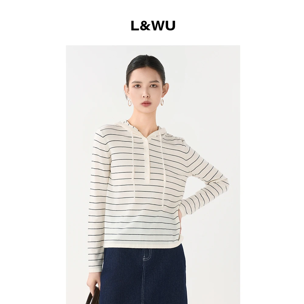 L&WU新季条纹主义连帽宽松针织衫松弛抽绳套头混纺绵羊毛针织衫女