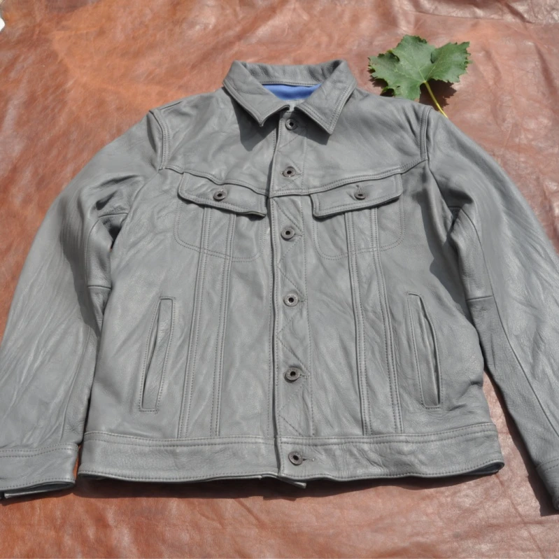 水洗石磨做旧纯牛皮夹克复古浅灰色真皮皮衣男风暴美式牛仔机车服